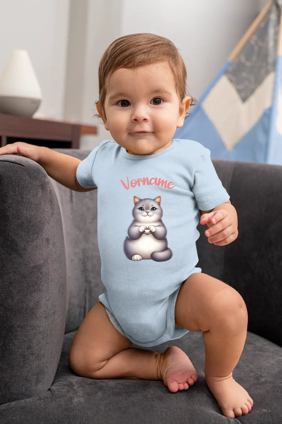Eco-friendly Baby Bodysuit, kurz, aus 100 % Baumwolle, Katze mit Herz, NB-18 M