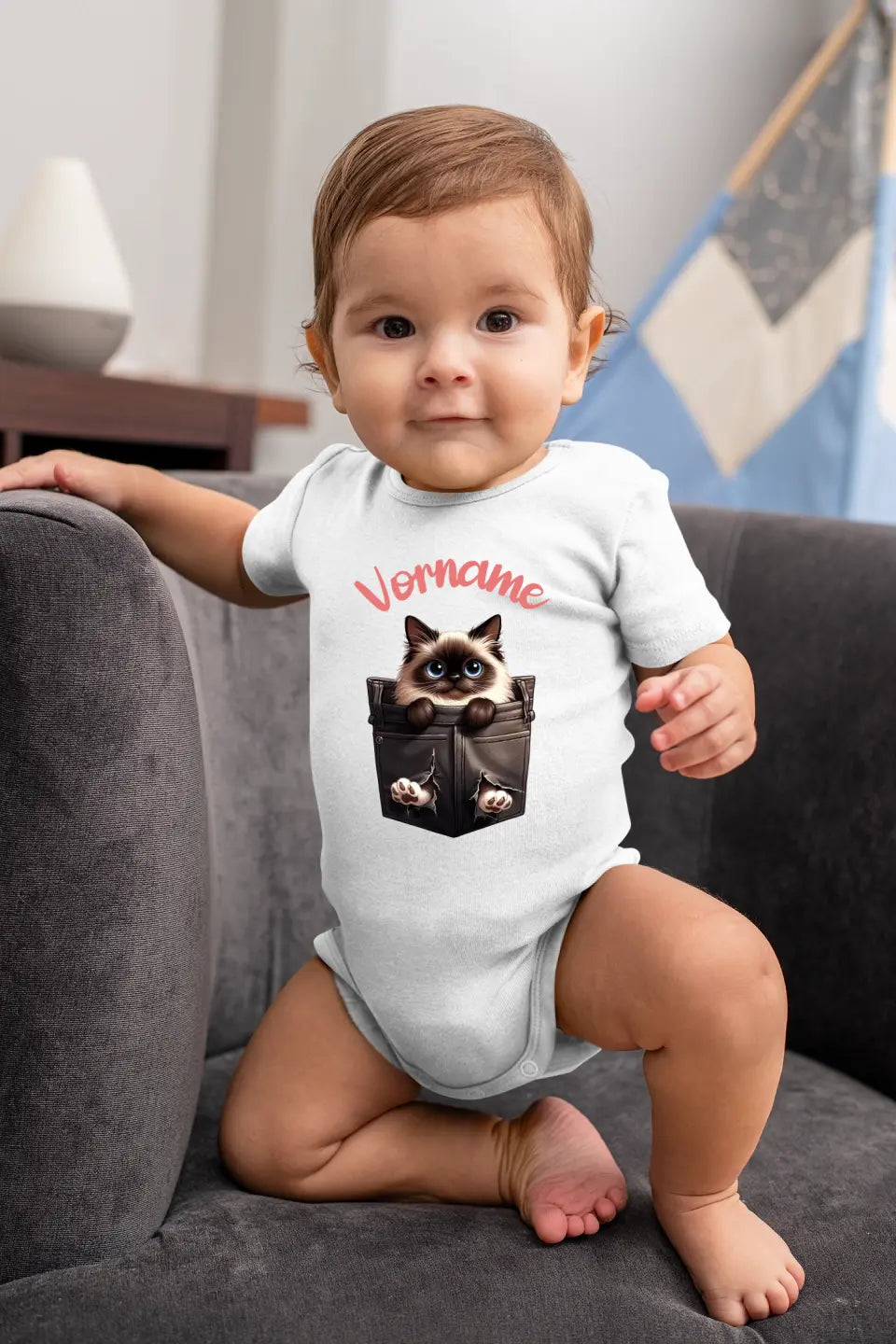 Eco-friendly Baby Bodysuit, kurz, aus 100 % Baumwolle, mit Katze in der Tasche, NB-18 M