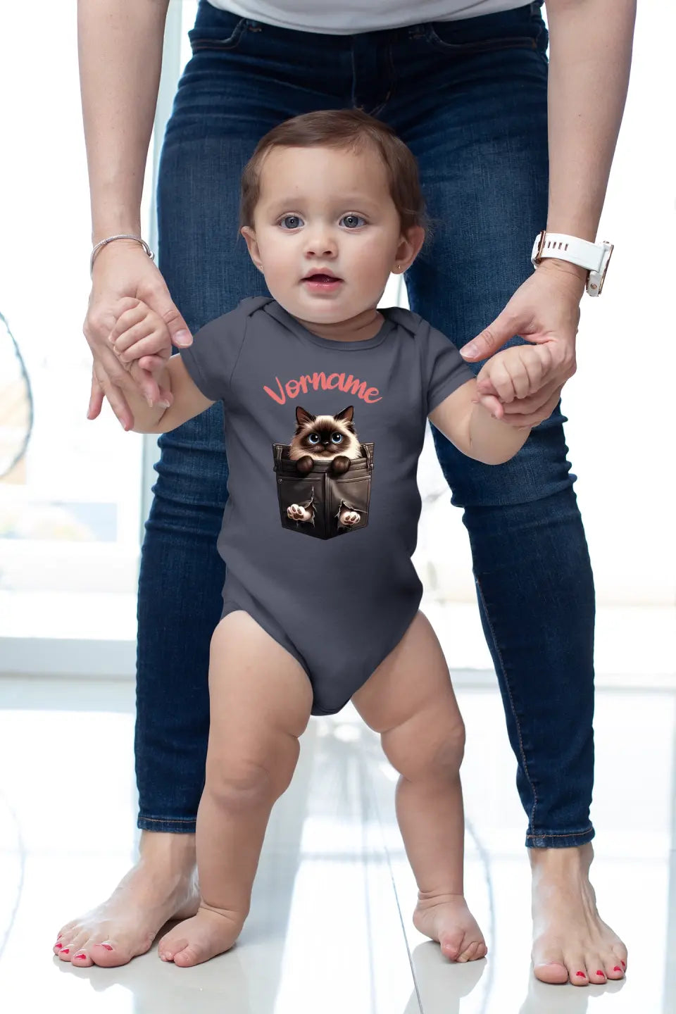 Eco-friendly Baby Bodysuit, kurz, aus 100 % Baumwolle, mit Katze in der Tasche, NB-18 M