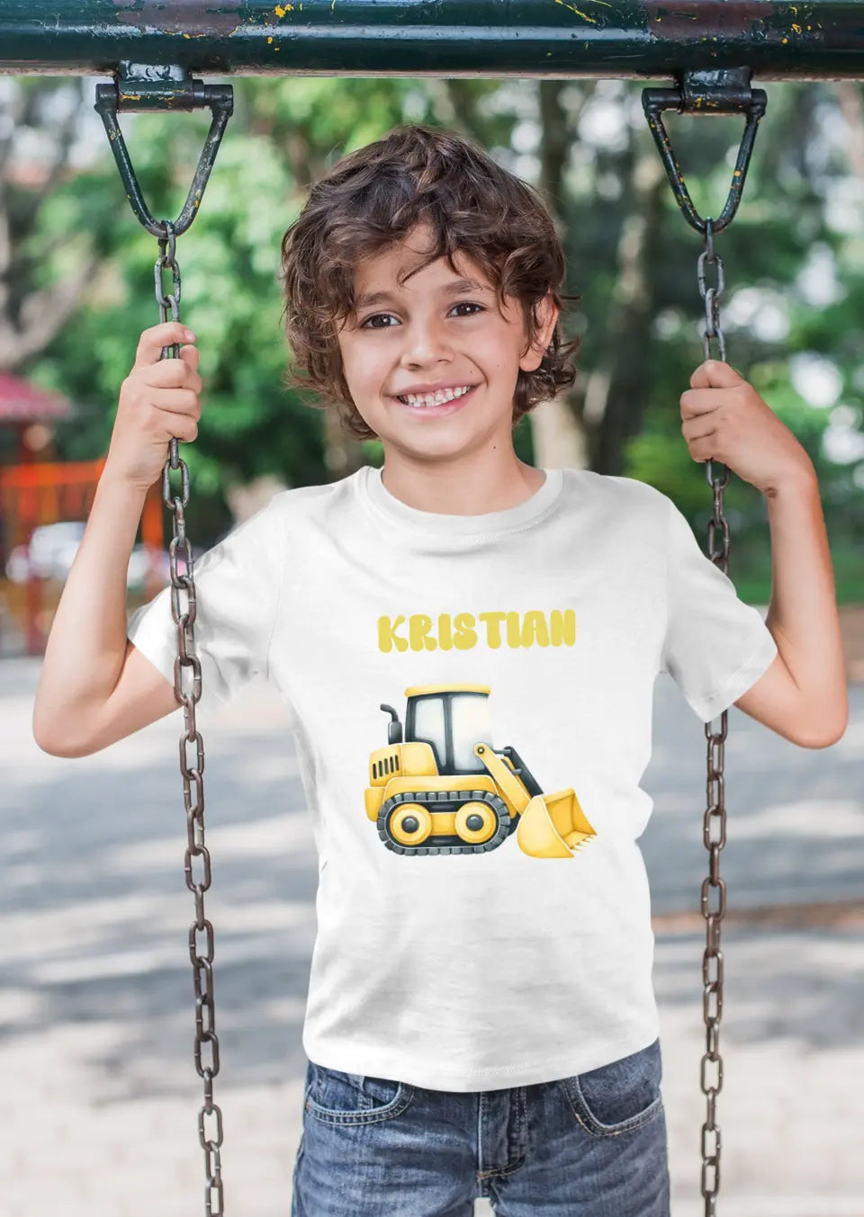 Eco-friendly Kinder T-Shirt aus Baumwolle, mit Baufahrzeugen S-XL