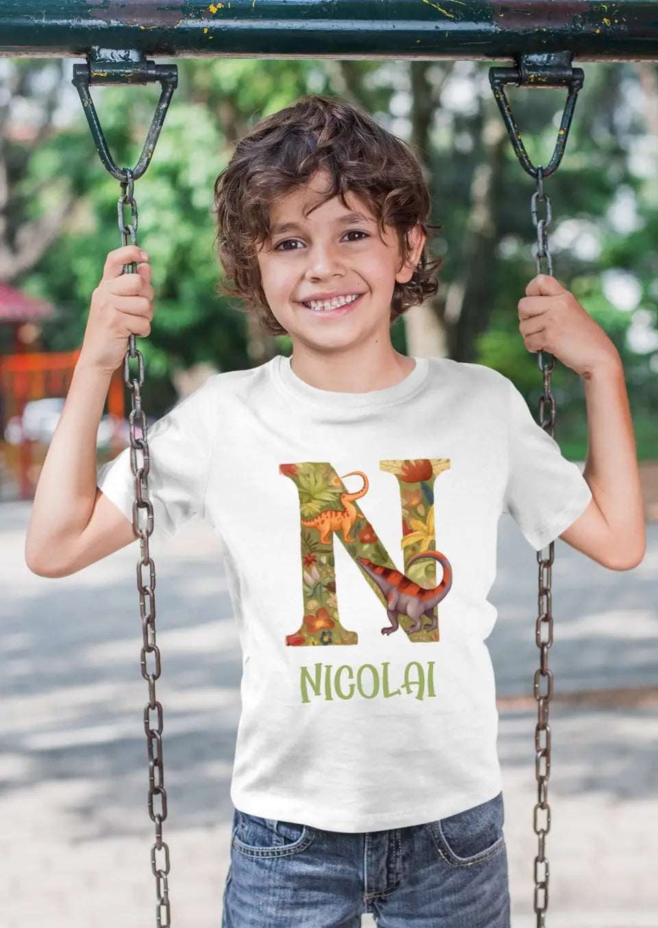 Eco-friendly Kinder T-Shirt mit Dinosaurier-Monogramm A - Z und Namen, S-XL