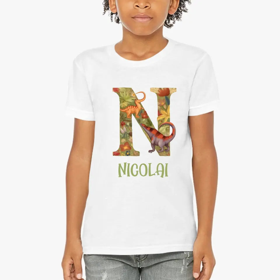 Eco-friendly Kinder T-Shirt mit Dinosaurier-Monogramm A - Z und Namen, S-XL