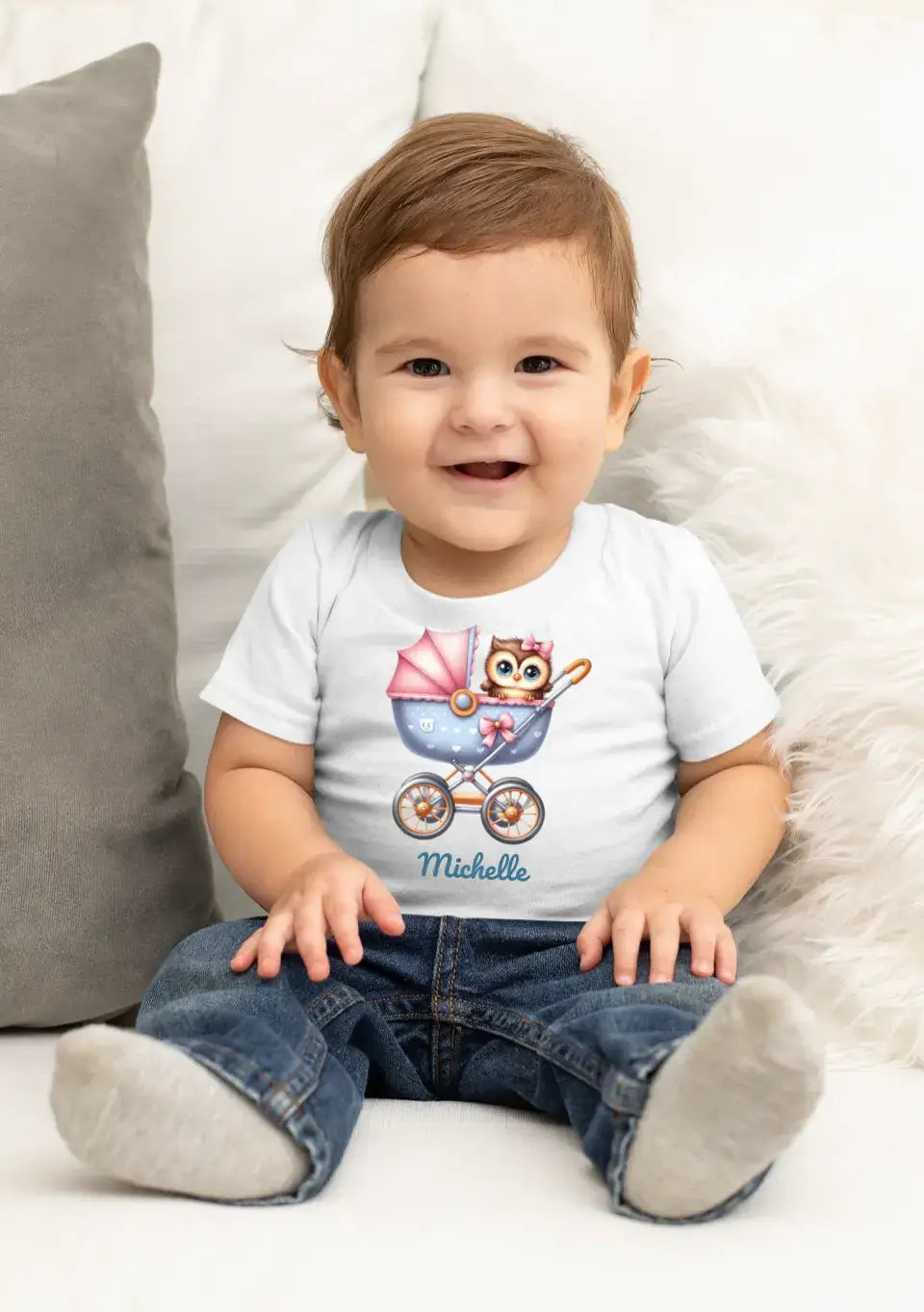 Eco-friendly Baby T-Shirt aus 100 % Baumwolle, Kinderwagen mit Tierbaby, NB-18 M