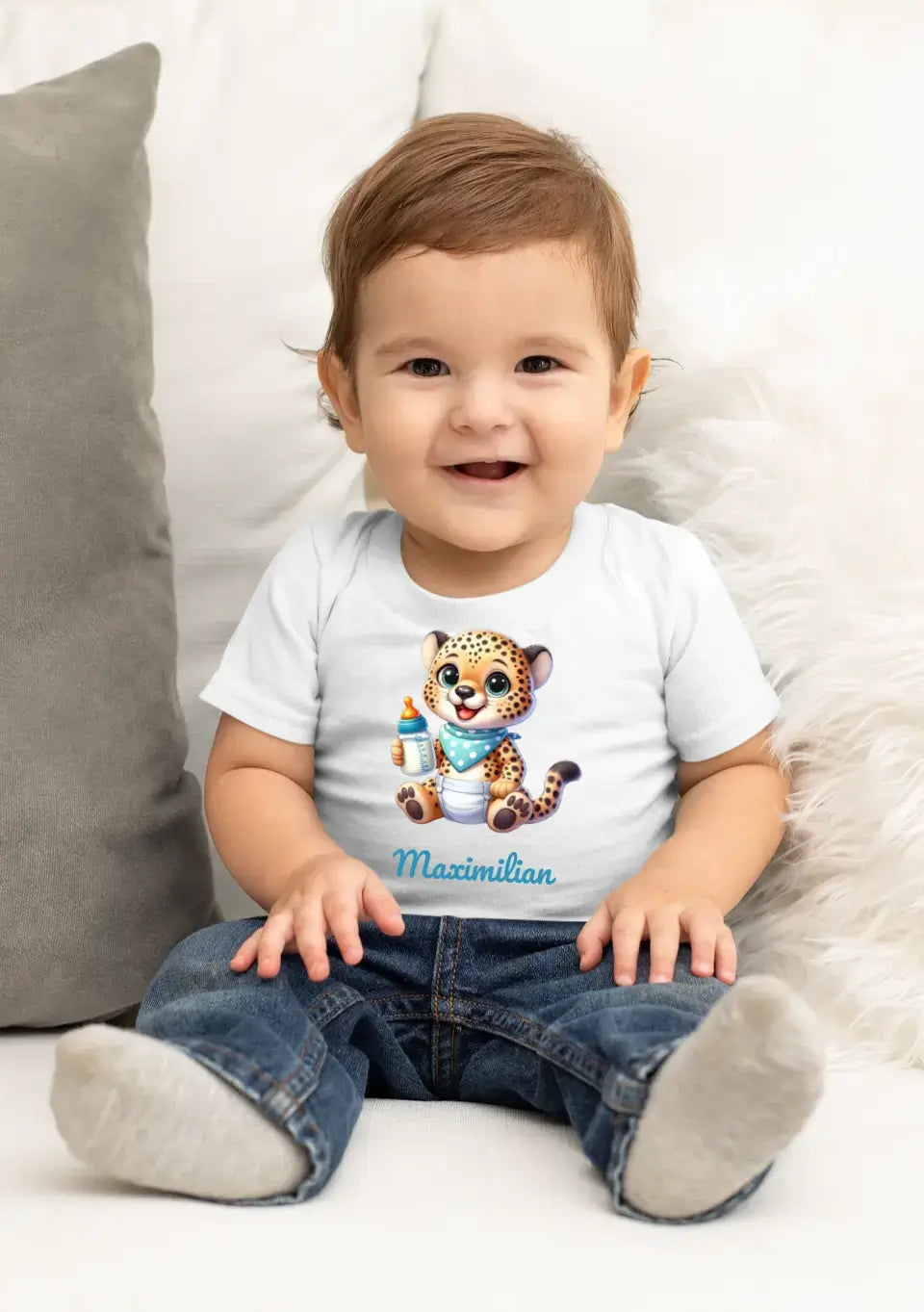 Eco-friendly Baby T-Shirt aus 100 % Baumwolle, Tierbaby mit Fläschchen, NB-18 M