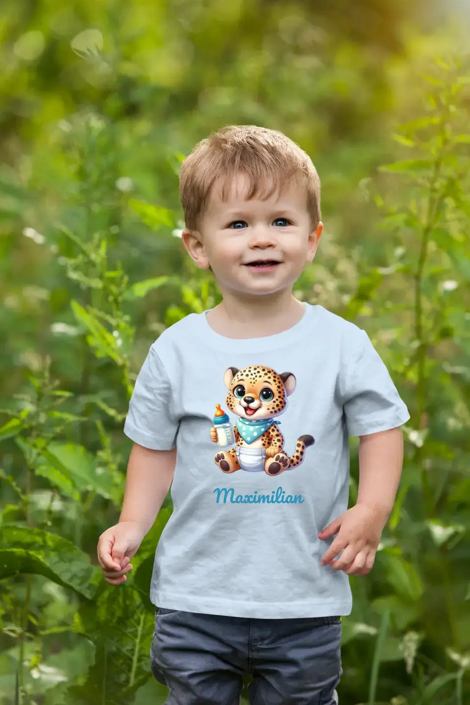 Eco-friendly Baby T-Shirt aus 100 % Baumwolle, Tierbaby mit Fläschchen, NB-18 M