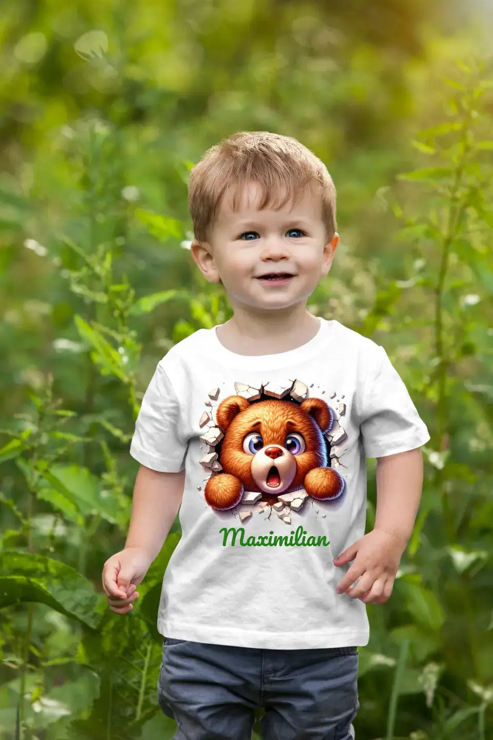 Eco-friendly Baby T-Shirt aus 100 % Baumwolle, Teddybear breaking wall, NB-18 M