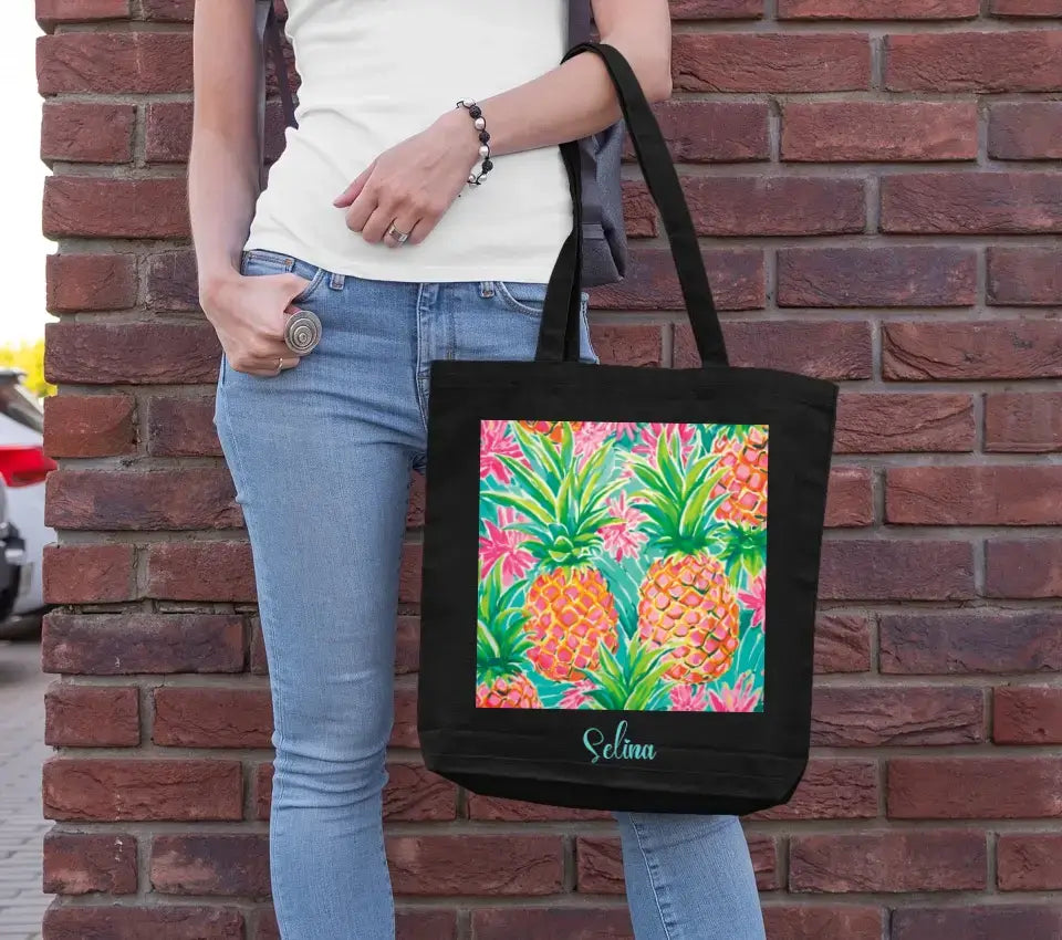 Eco-friendly Tasche aus 100 % Baumwolle, Fruit-Pattern, schwarz, rot, blau