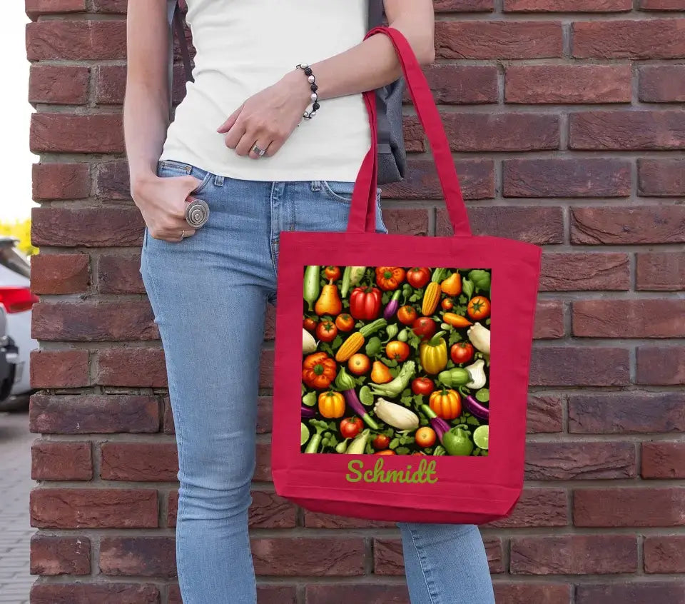 Eco-friendly Tasche aus 100 % Baumwolle, Vegan-Pattern, schwarz, rot, blau