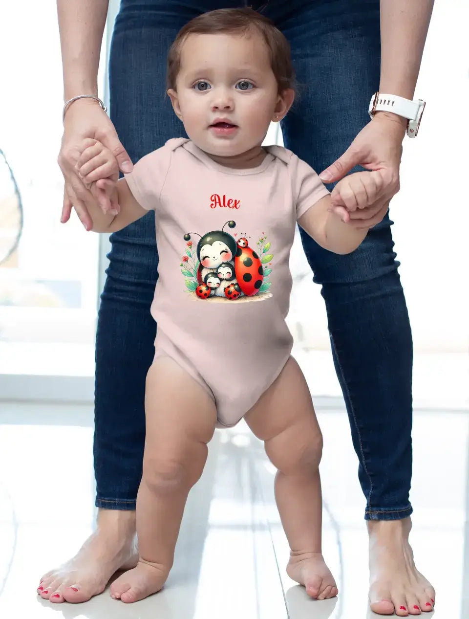 Eco-friendly Baby Bodysuit, kurz, aus 100 % Baumwolle, Marienkäfer und Name, NB-18 M