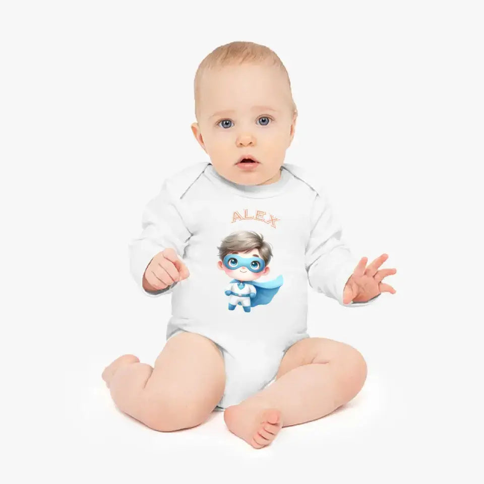 Eco-friendly Langärmliger Baby-Body, 100 % Baumwolle, Superhelden & Name, NB-18M