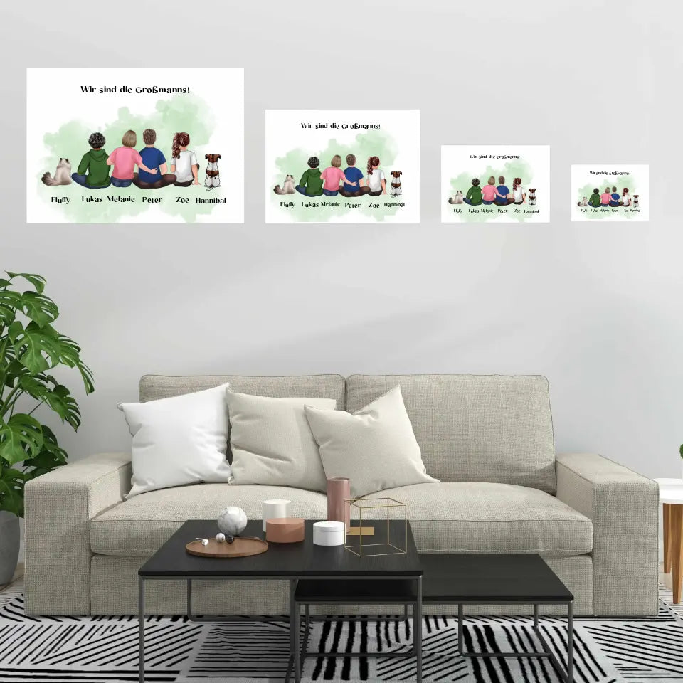 Poster, horizontal, Familie mit Hund und Katze, DIN A 1 - 4, ohne Rahmen