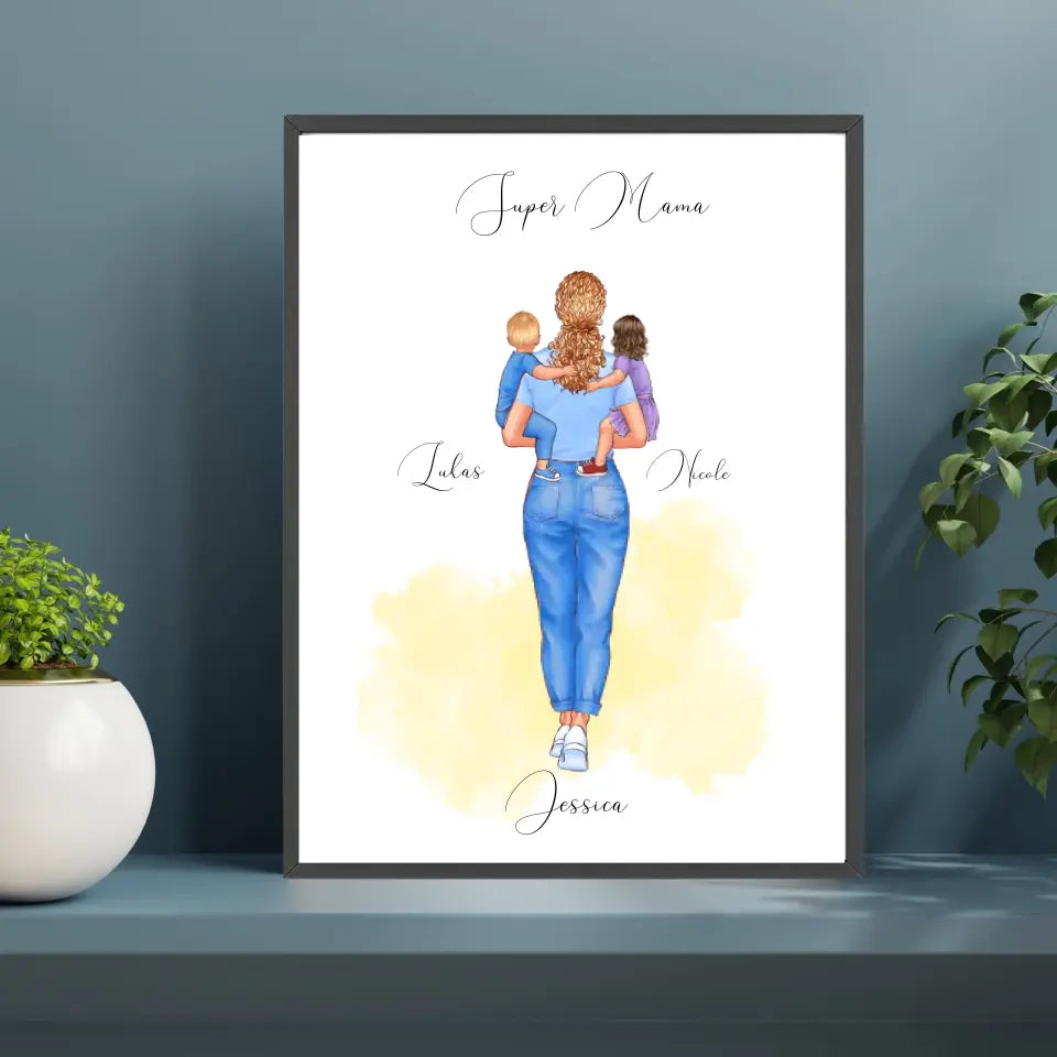 Poster, mit Rahmen, Super Mama, personalisiert, verschiedene Größen